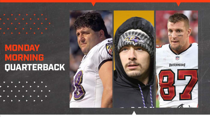 Tony Siragusa on sideline as a Baltimore Raven; Baltimore Ravens running back Danny Woodhead (39) looks on during pre-game before playing the Pittsburgh Steelers at Heinz Field.; Tampa Bay Buccaneers tight end Rob Gronkowski (87) walks off the field after the game against the Atlanta Falcons at Raymond James Stadium.